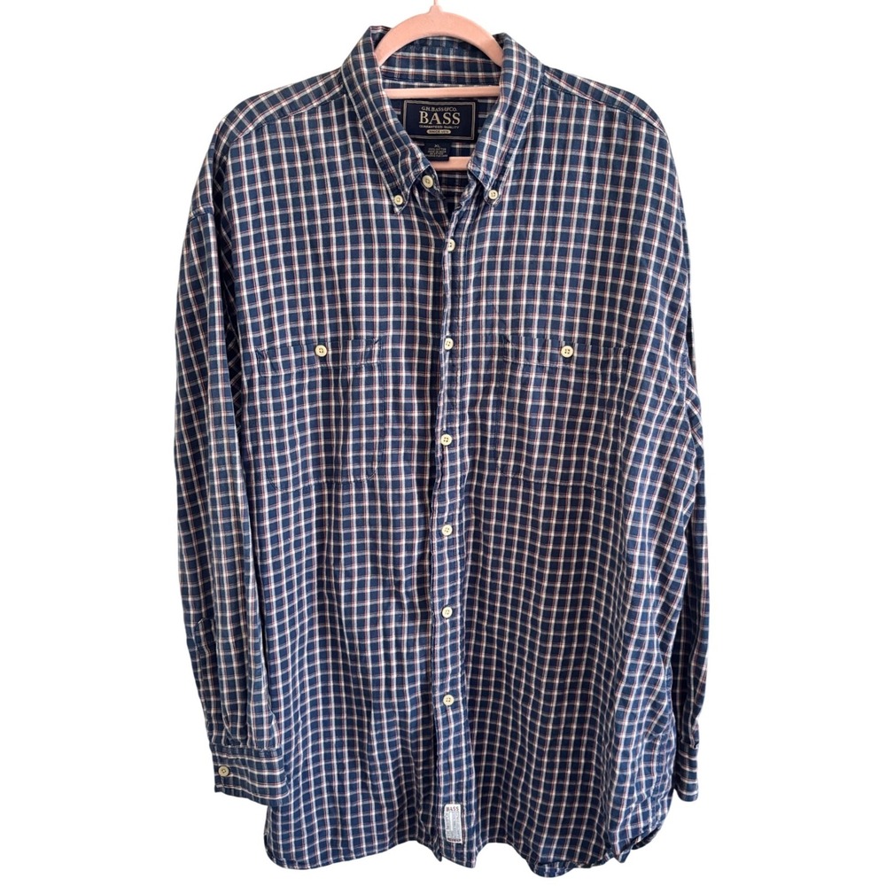G.H. Bass & Co Mens XL Plaid‎ Button Down Shirt Blue Orange Cotton Long Sleeve